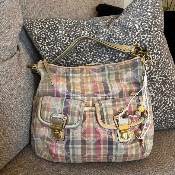 Coach Poppy Madras Tartan Pastel Plaid Hobo Shoulder Bag - Picture 2 of 13